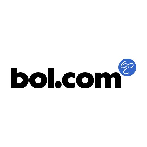 Logo van bol.com. De tekst in het zwart. In een blauwe cirkel zijn de letters van bol zo geschreven dat ze een gezichtje lijken te vormen.